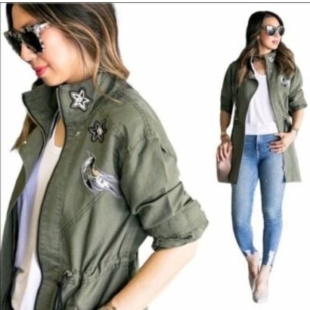 CAbi utility jacket moss/army green linen blend sequin bird/star patches Size M - Picture 2 of 12